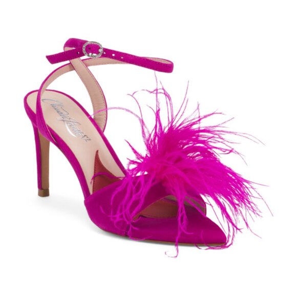 CLAUDIA LISOTTA Leather Leah Feather Heeled Sandals Pink - Picture 1 of 2